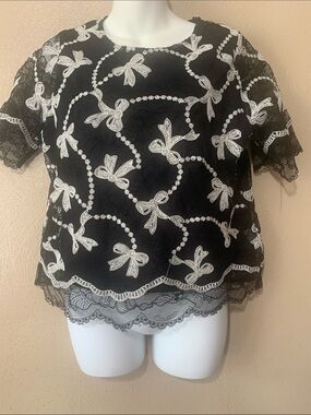 Belldini size L Black Lace Blouse with White Bow Embroidery NWT